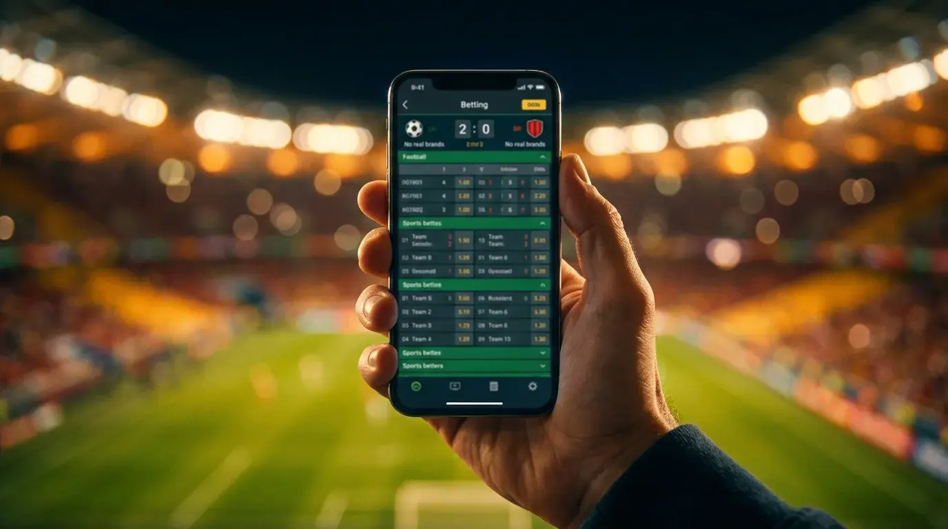 Mano che tiene uno smartphone con schermata di scommesse sportive allo stadio
