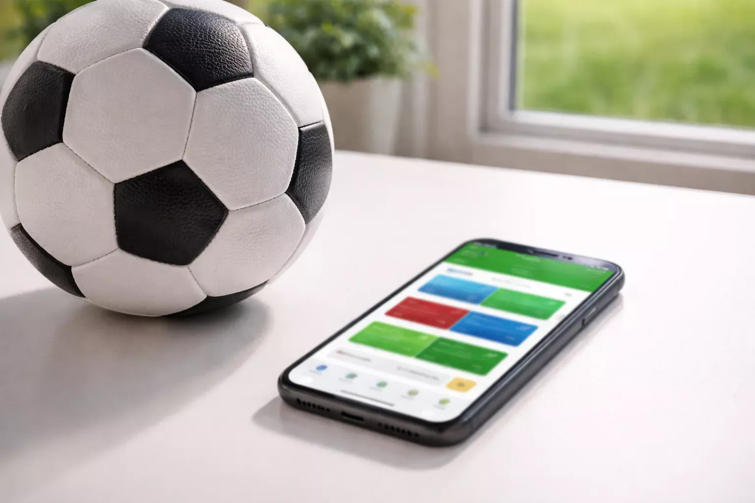 Smartphone con app di scommesse calcio aperta accanto a un pallone