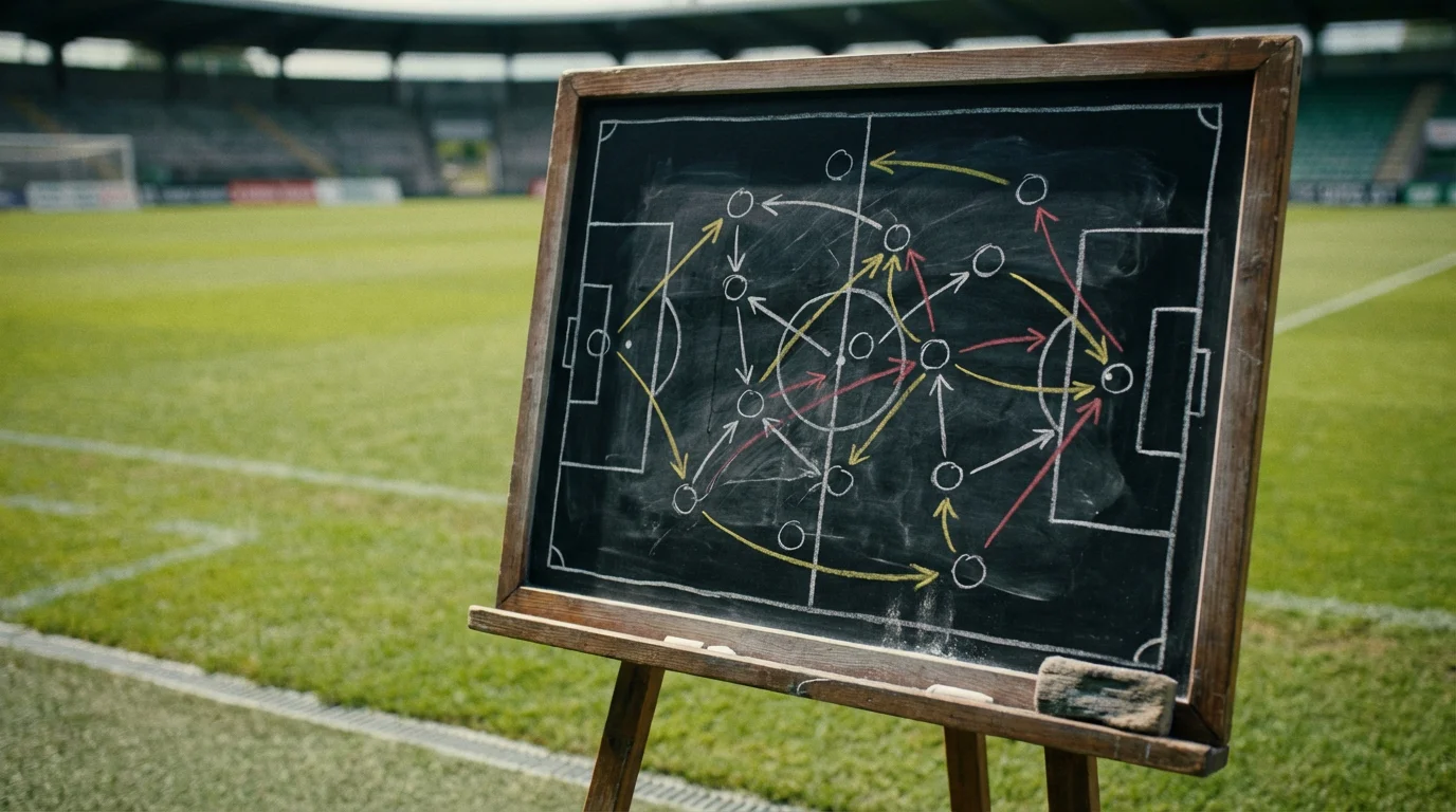 Lavagna tattica da calcio con schema di gioco disegnato a bordo campo