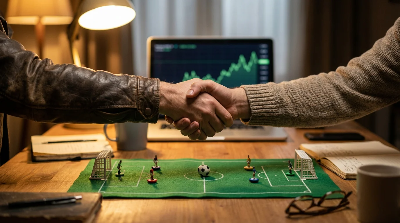 Due persone che si stringono la mano sopra un campo da calcio, simbolo dello scambio di scommesse