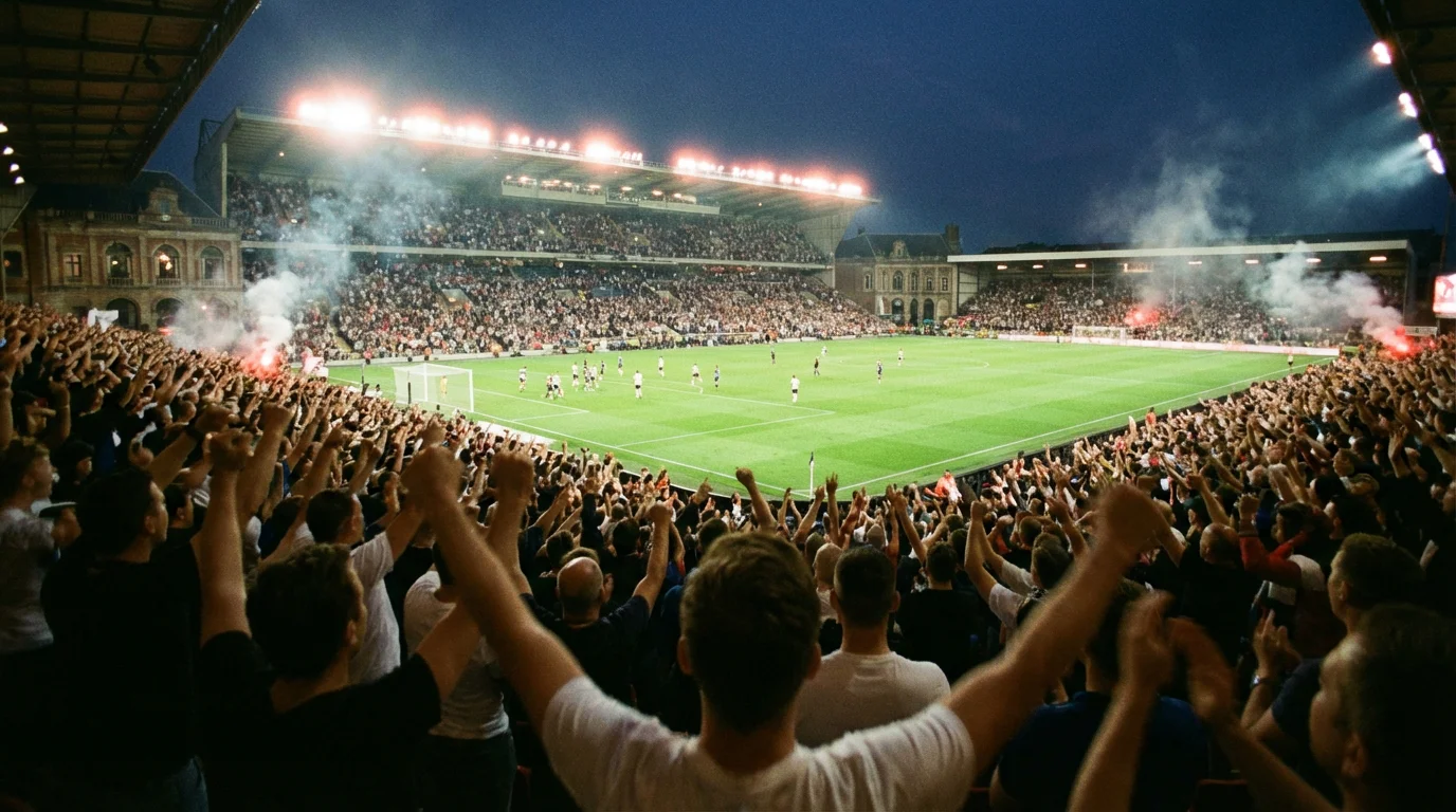 Tifosi esultano allo stadio di calcio durante una partita serale