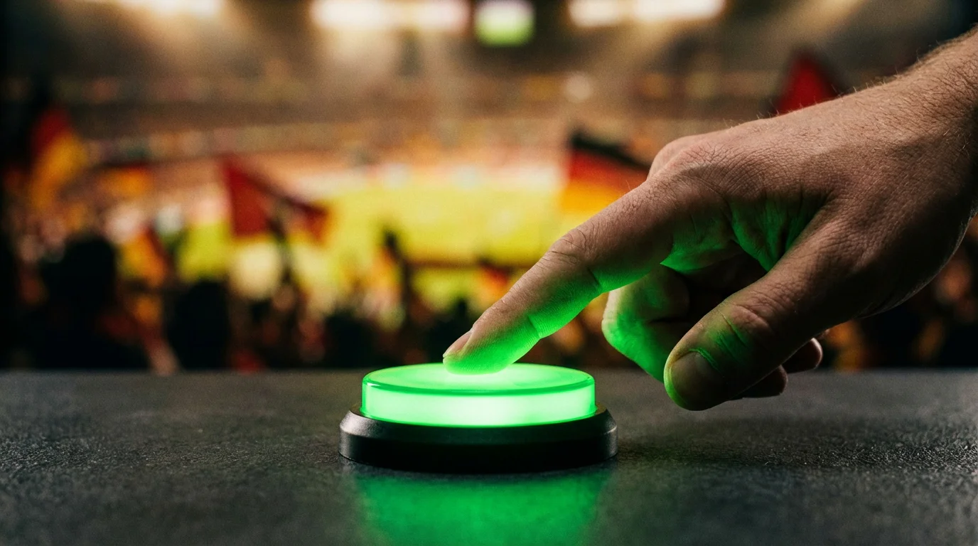 Primo piano di una mano che preme un pulsante verde luminoso su sfondo stadio