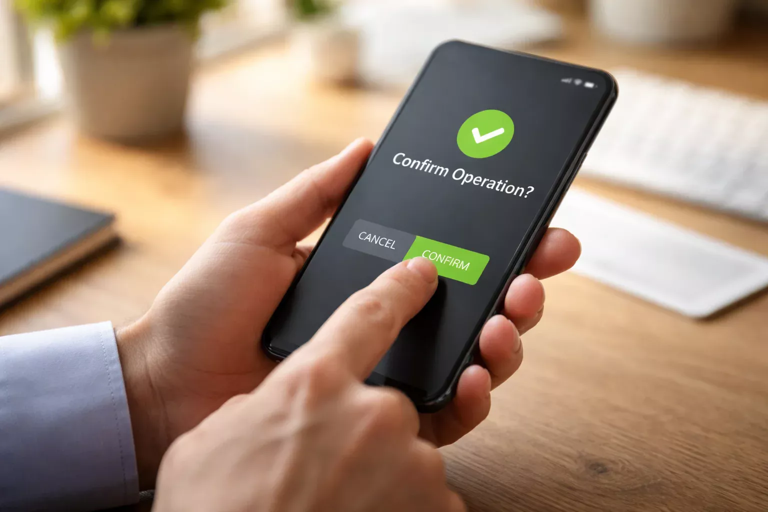 Mano che tocca pulsante su smartphone per confermare operazione