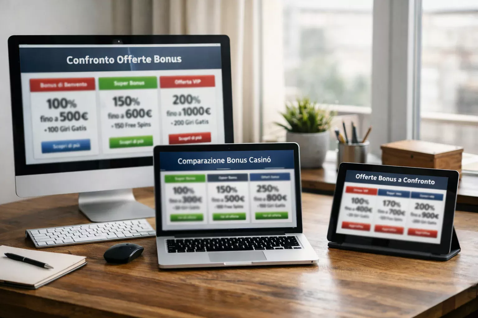 Comparazione di offerte bonus su diversi schermi di computer