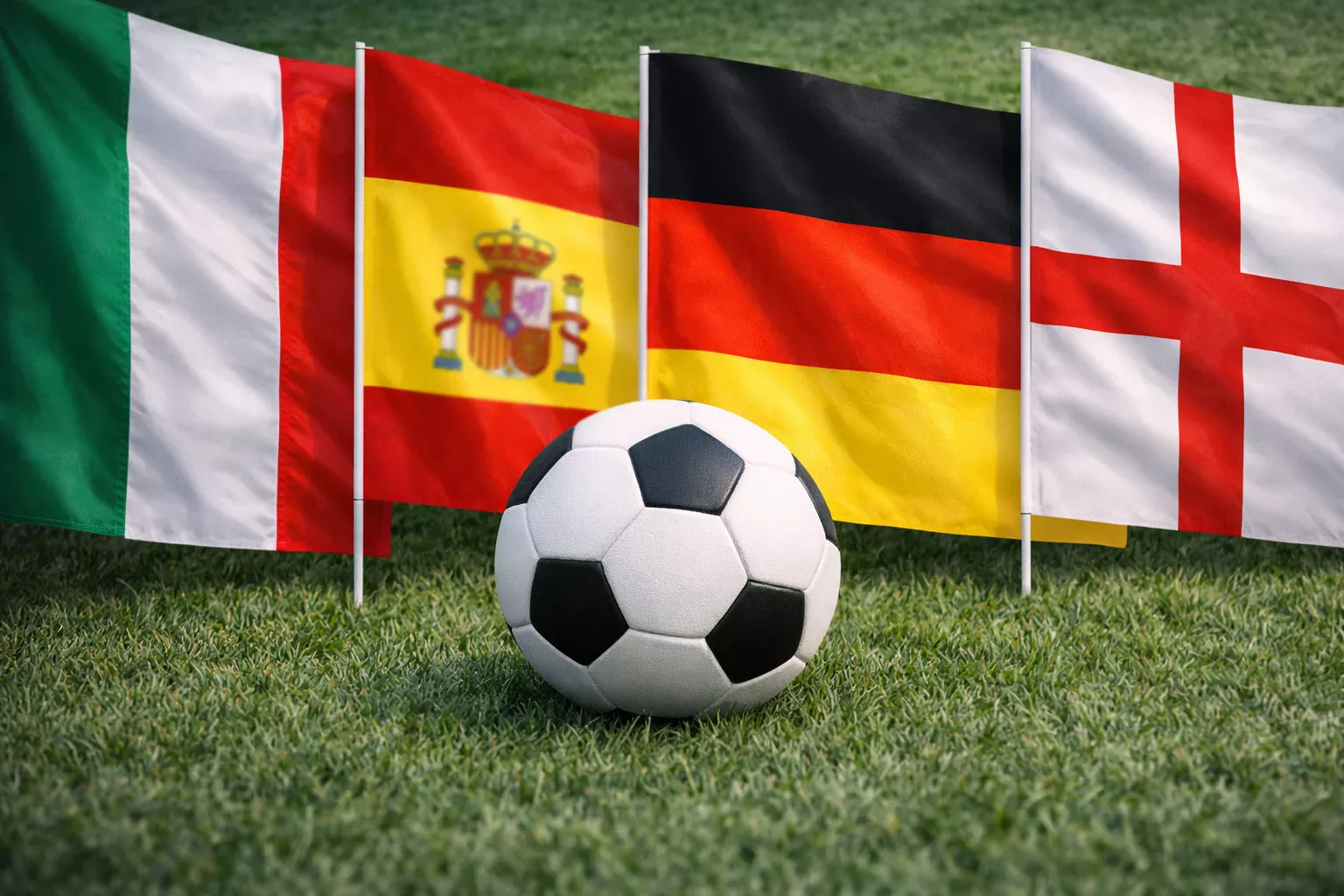 Bandiere di Italia, Spagna, Germania e Inghilterra con pallone