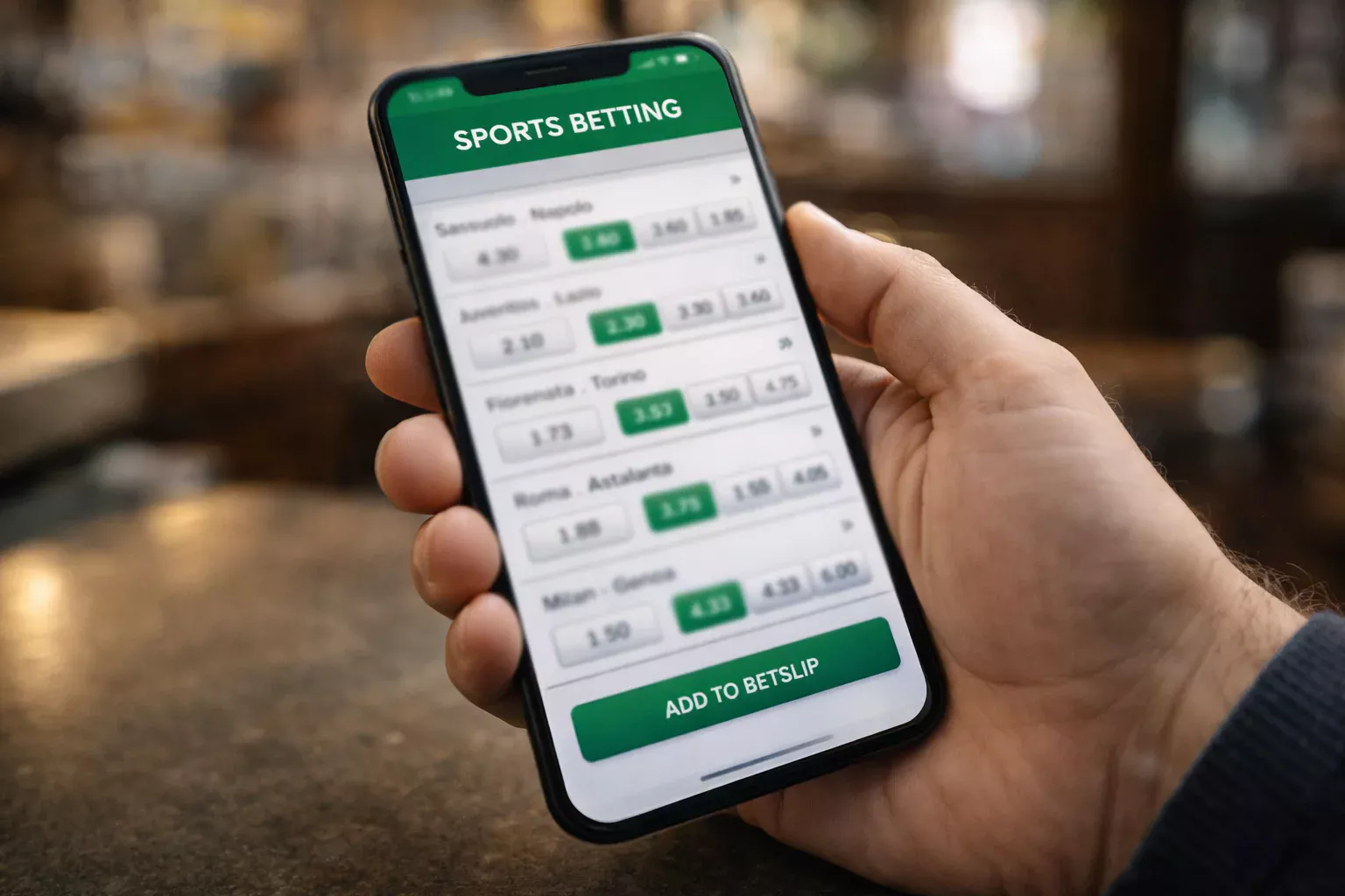 Mano che tiene uno smartphone con app di scommesse sportive