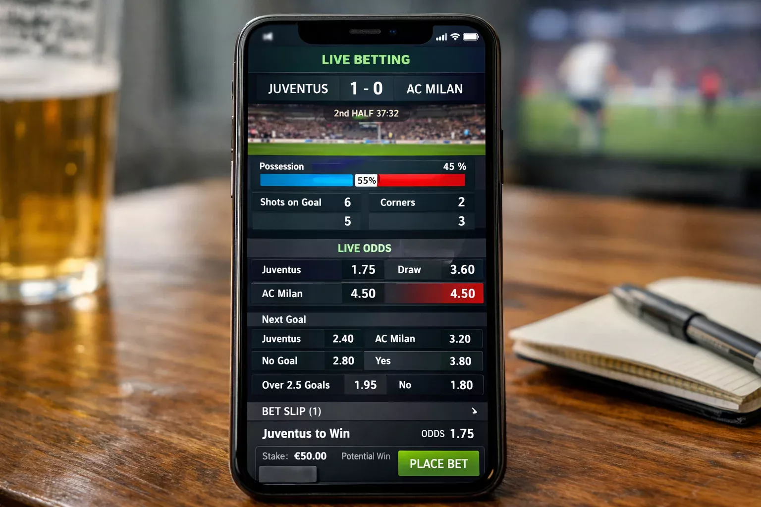 Interfaccia di app scommesse con statistiche e quote live