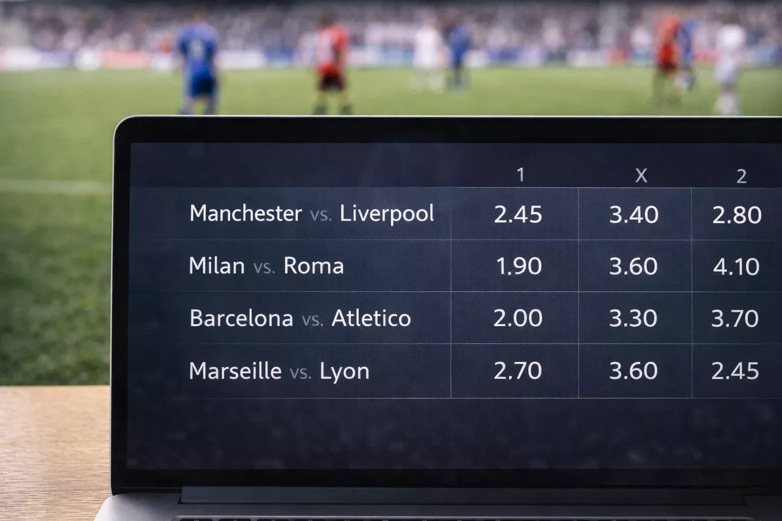 Schermo con quote numeriche per partite di calcio