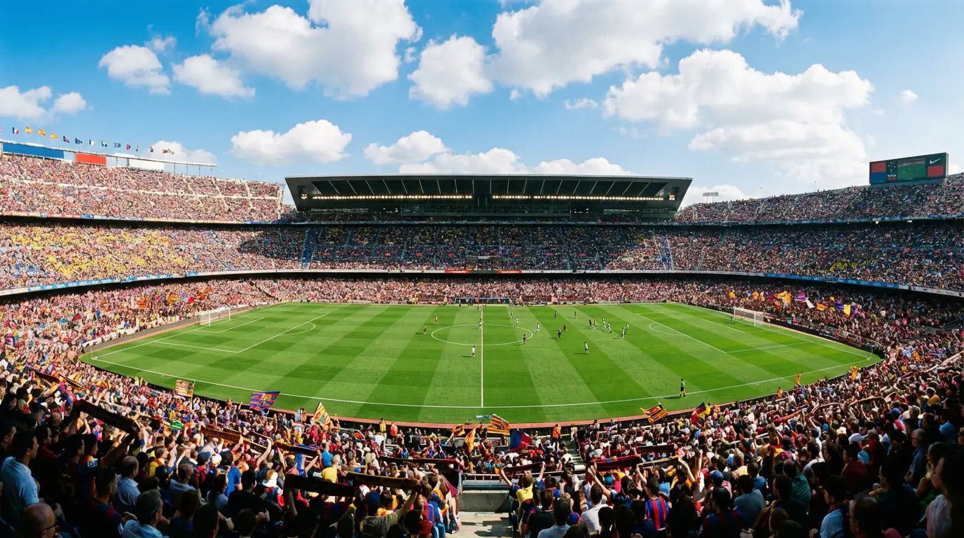 Vista panoramica di uno stadio di calcio pieno di tifosi durante il giorno