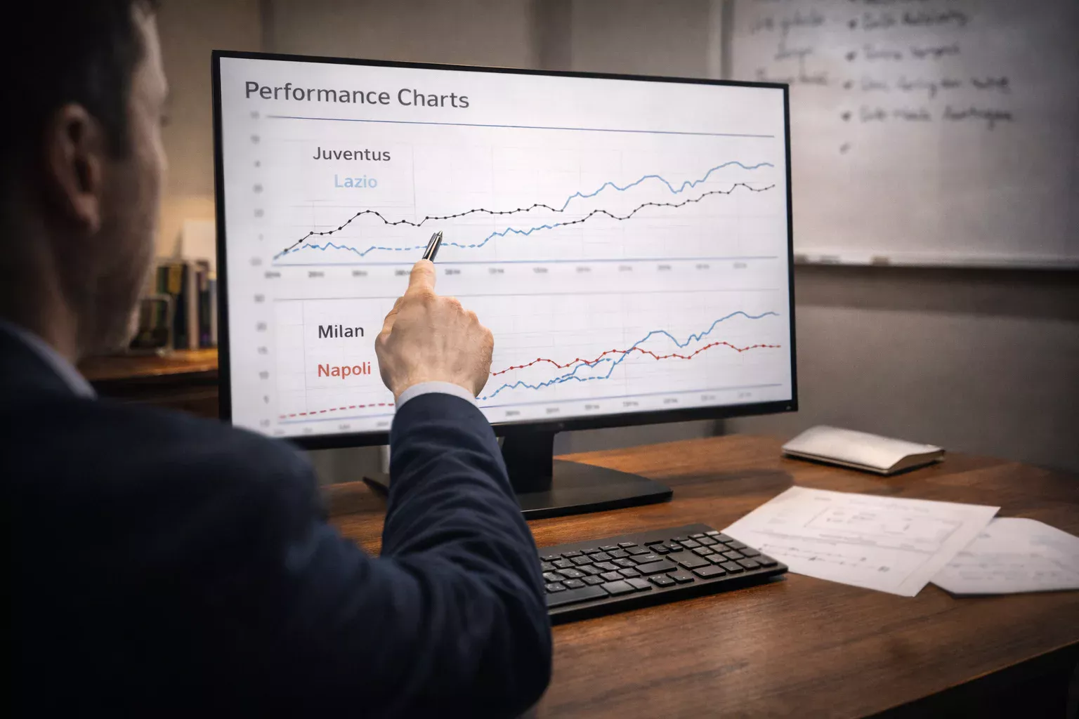 Analista che studia grafici di rendimento su monitor