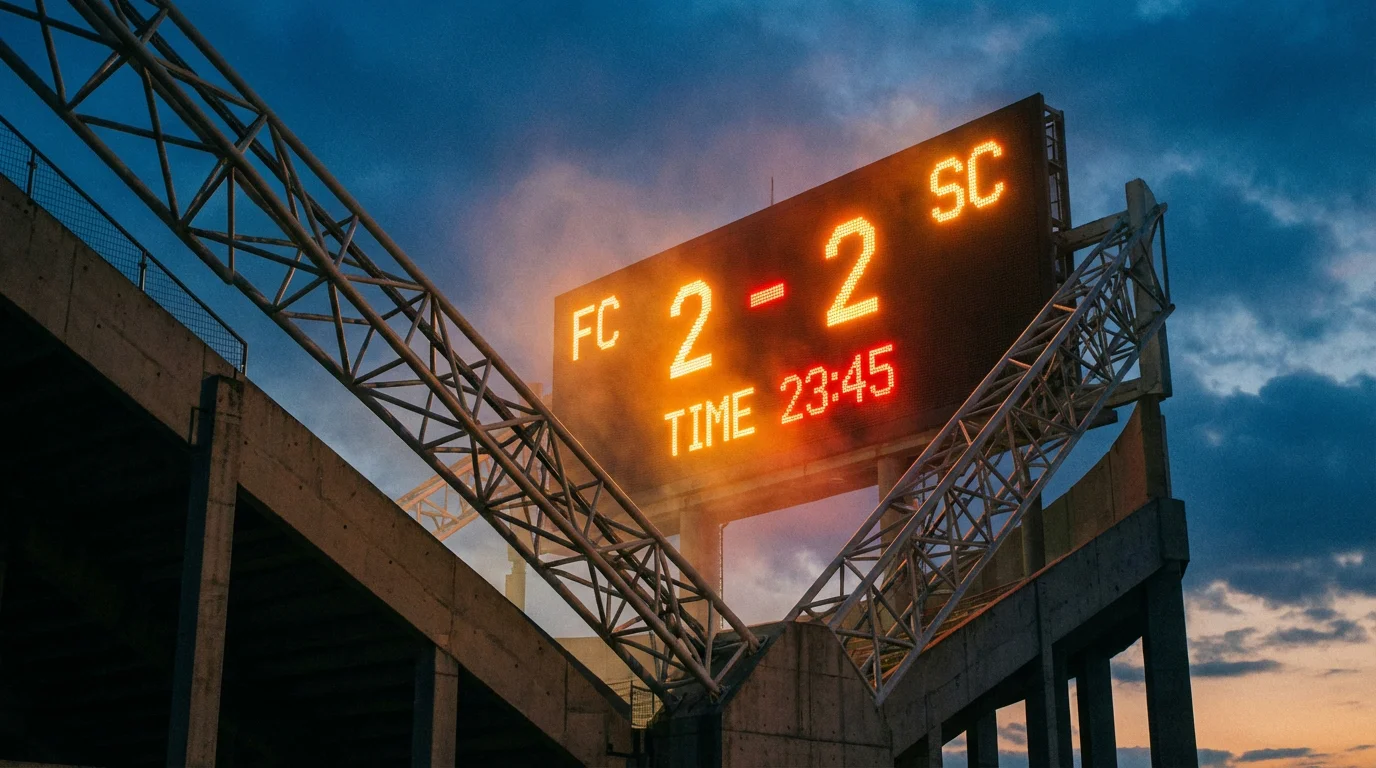 Tabellone luminoso di uno stadio di calcio con punteggio durante una partita