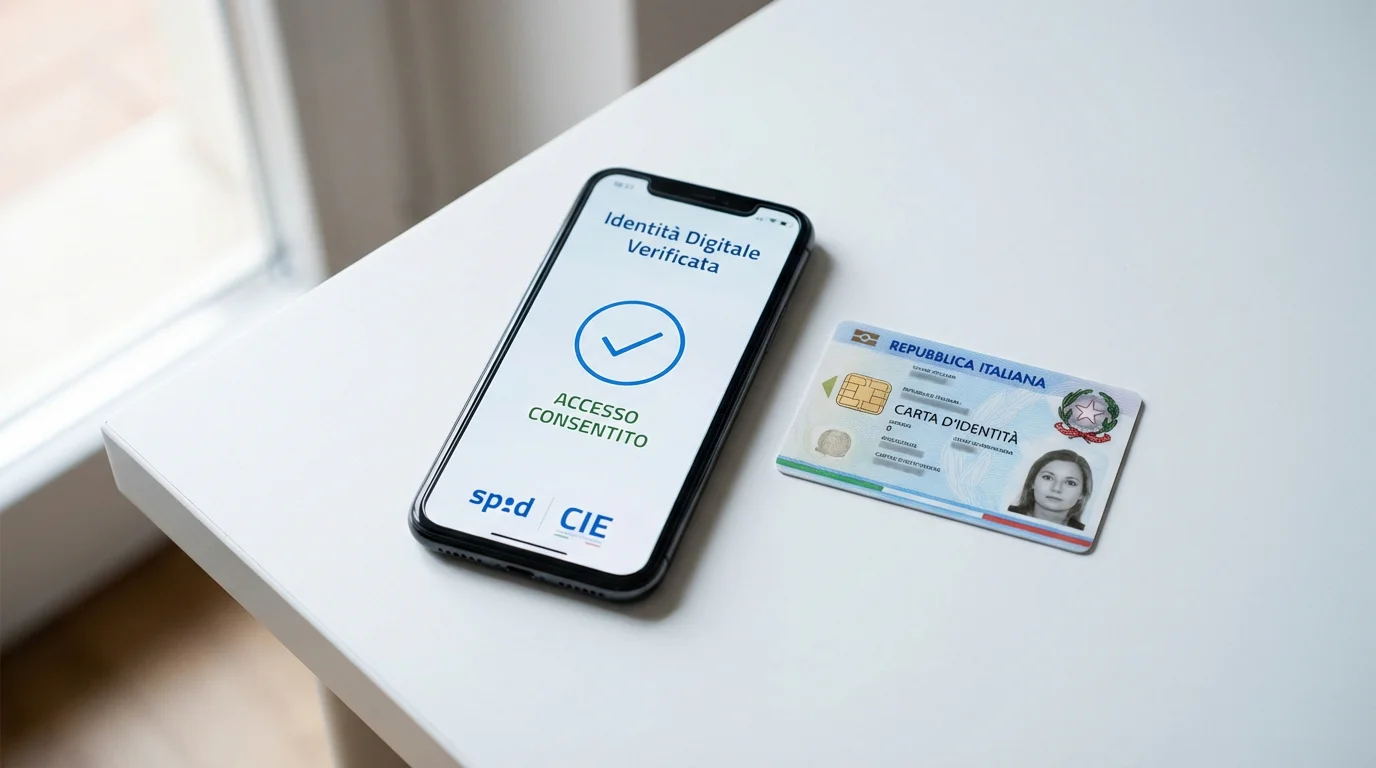 Smartphone con schermata di autenticazione SPID accanto a una carta d'identità elettronica