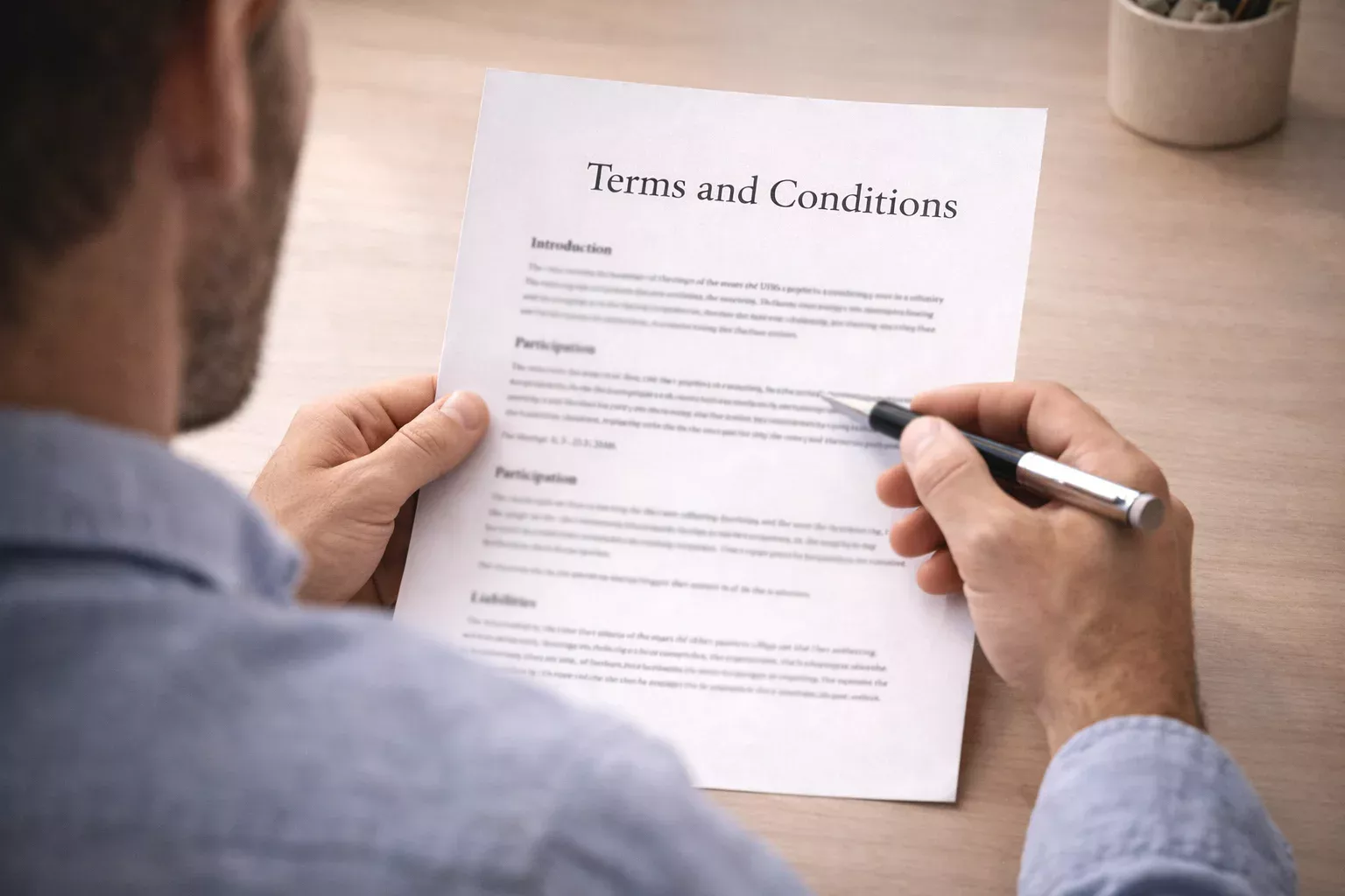 Persona che analizza documenti con termini e condizioni