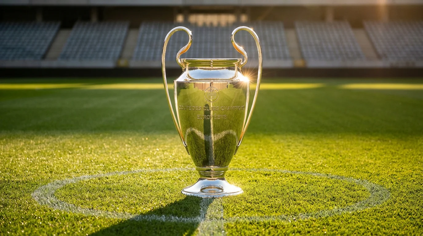 Trofeo della Serie A su un campo da calcio con tribune sullo sfondo