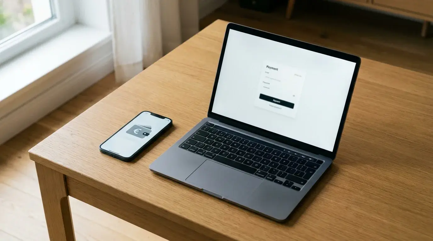 Portafoglio digitale su smartphone appoggiato su un tavolo accanto a un laptop
