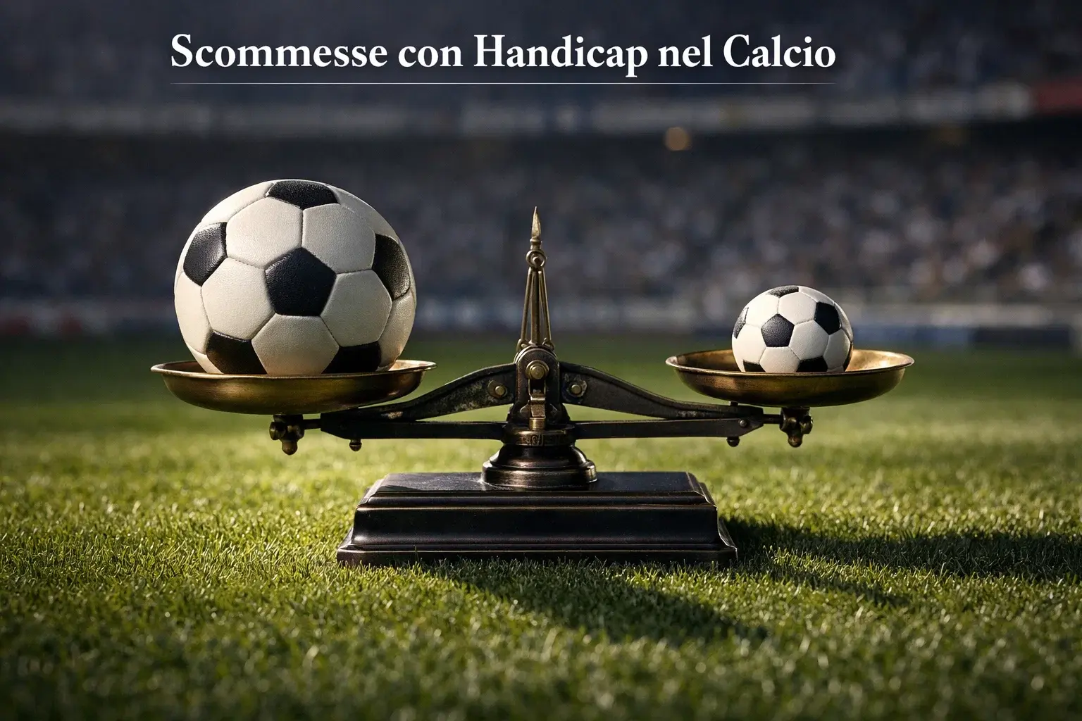 Bilancia che pesa due palloni da calcio di dimensioni diverse su un campo verde
