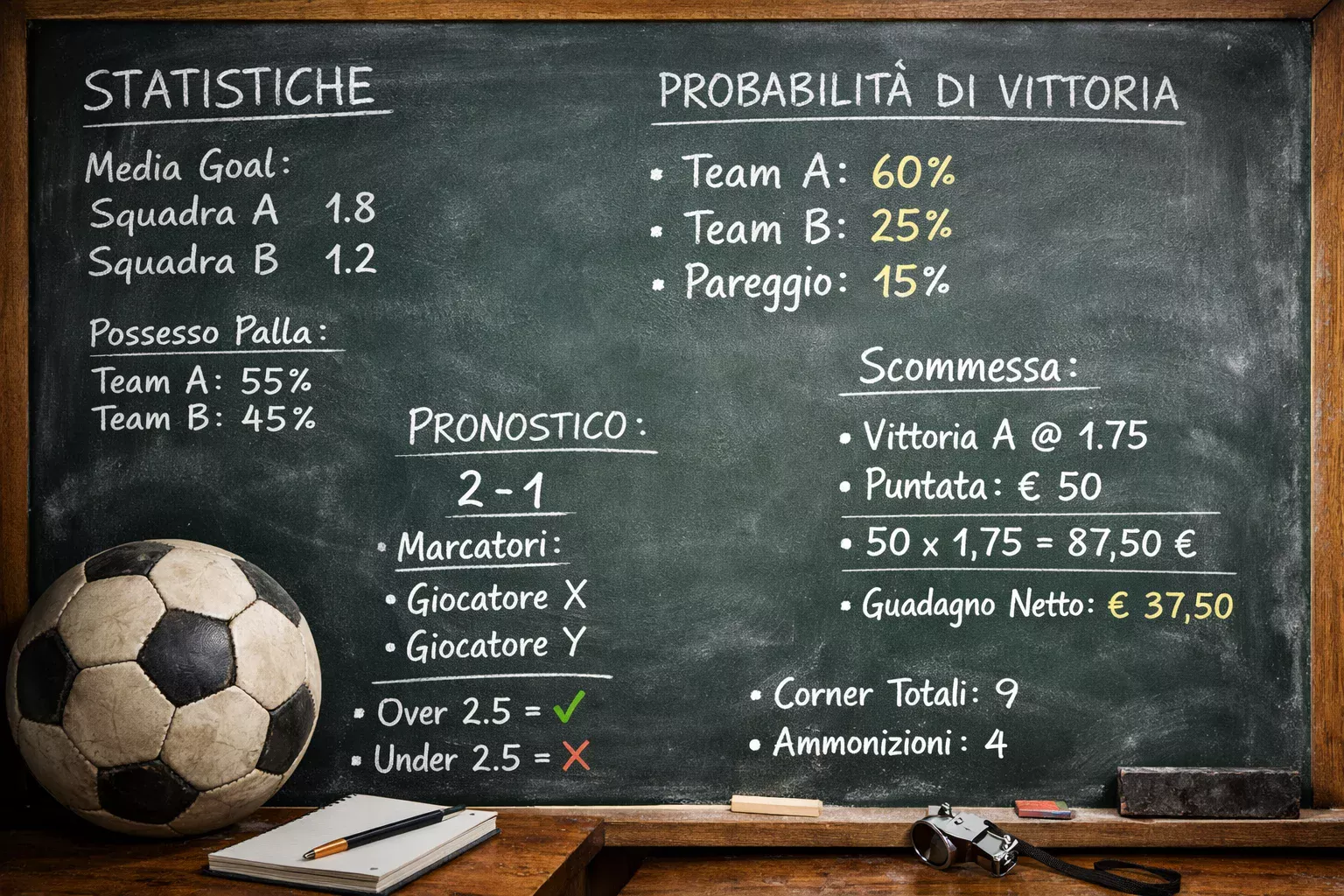 Lavagna con spiegazione di numeri e calcoli sportivi