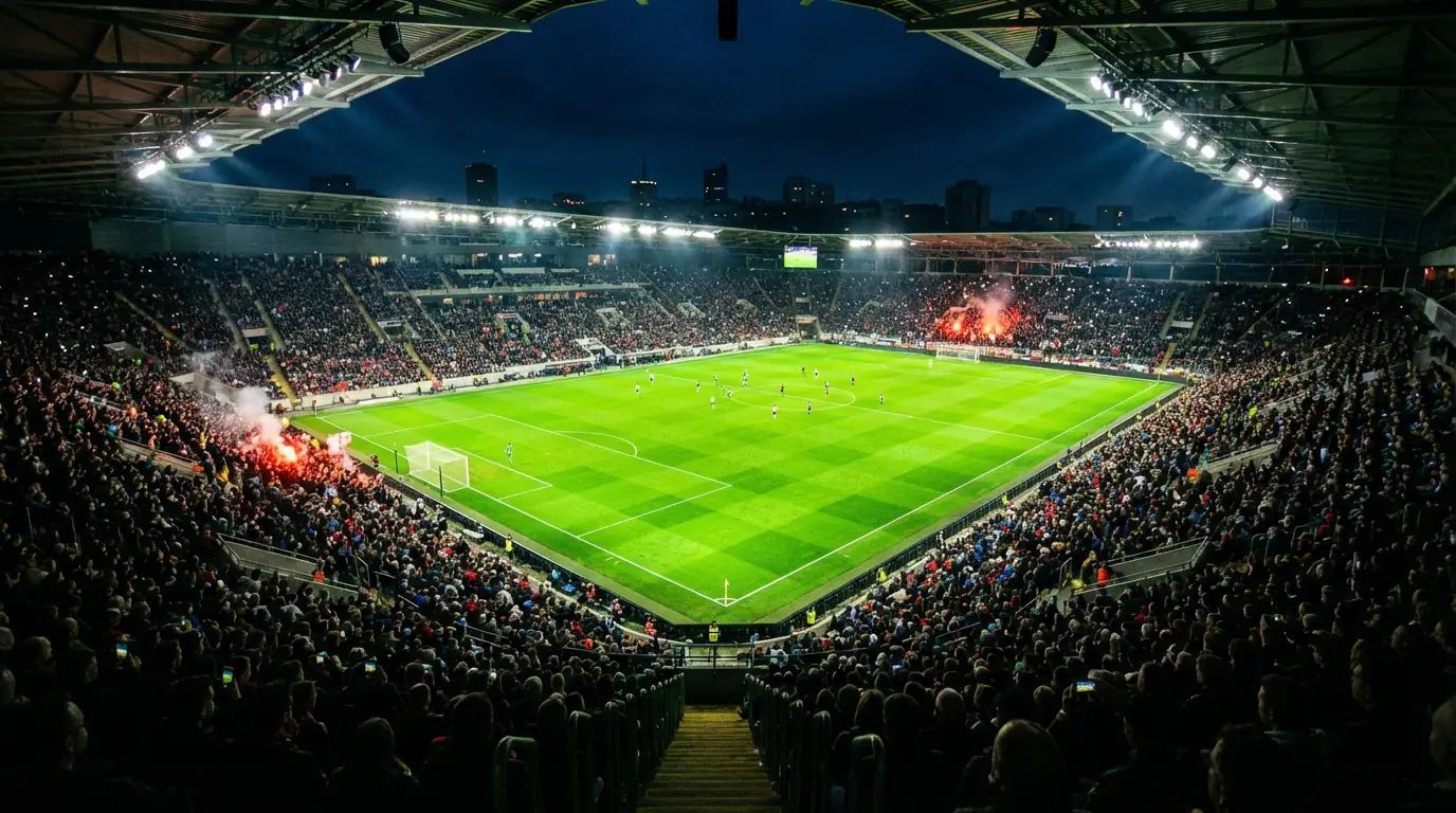Stadio di calcio illuminato durante una partita serale con tifosi sugli spalti