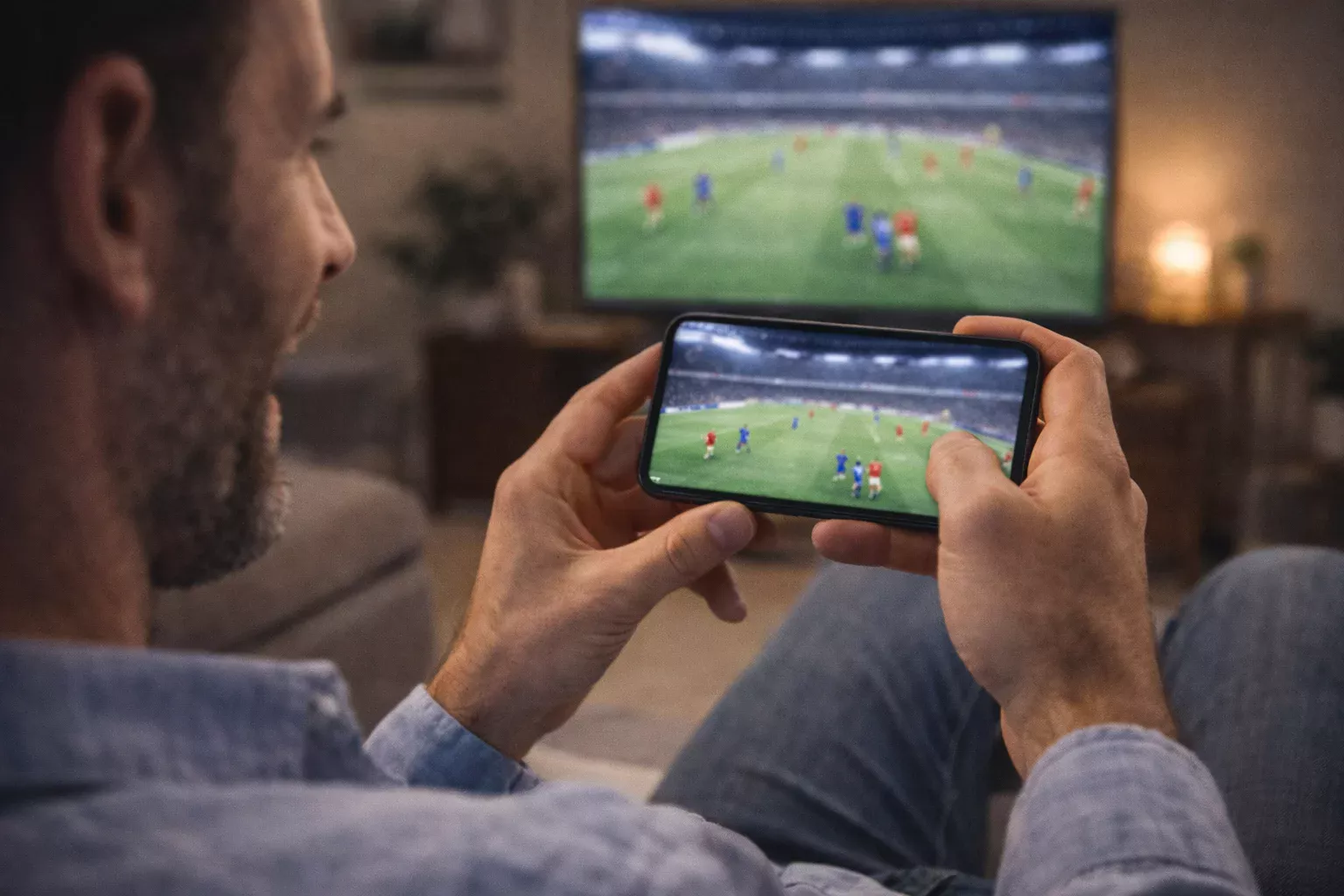 Persona che segue una partita di calcio in diretta su smartphone