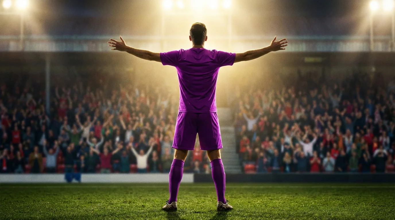 Attaccante di calcio che esulta dopo aver segnato un gol sotto i riflettori
