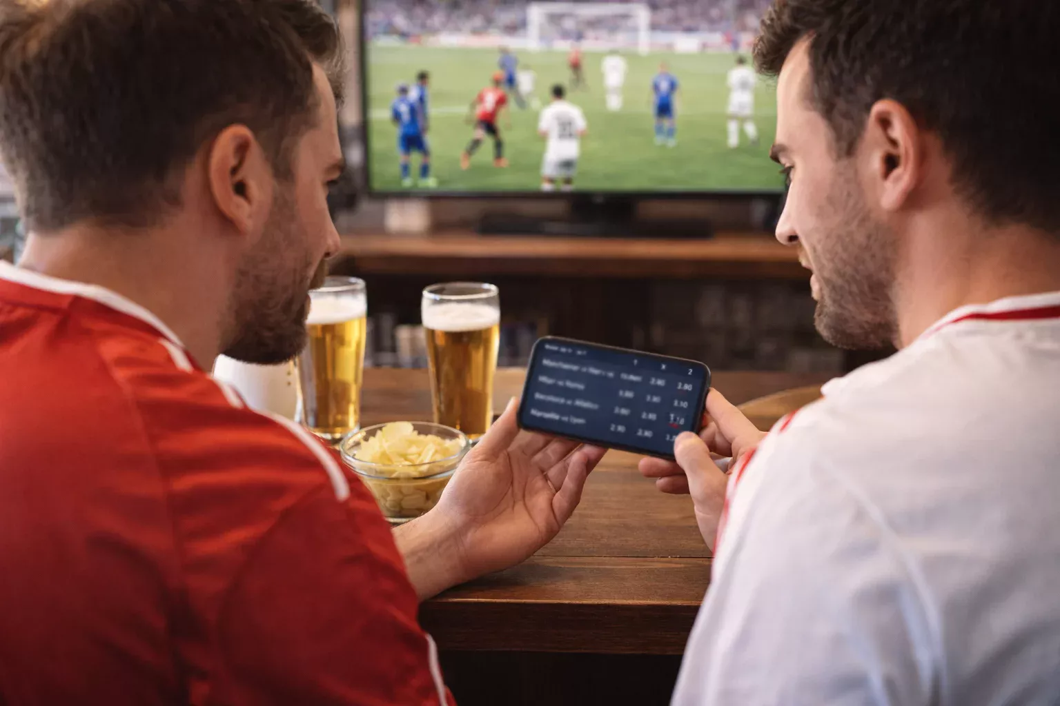 Gruppo di amici che guardano partita al bar usando smartphone