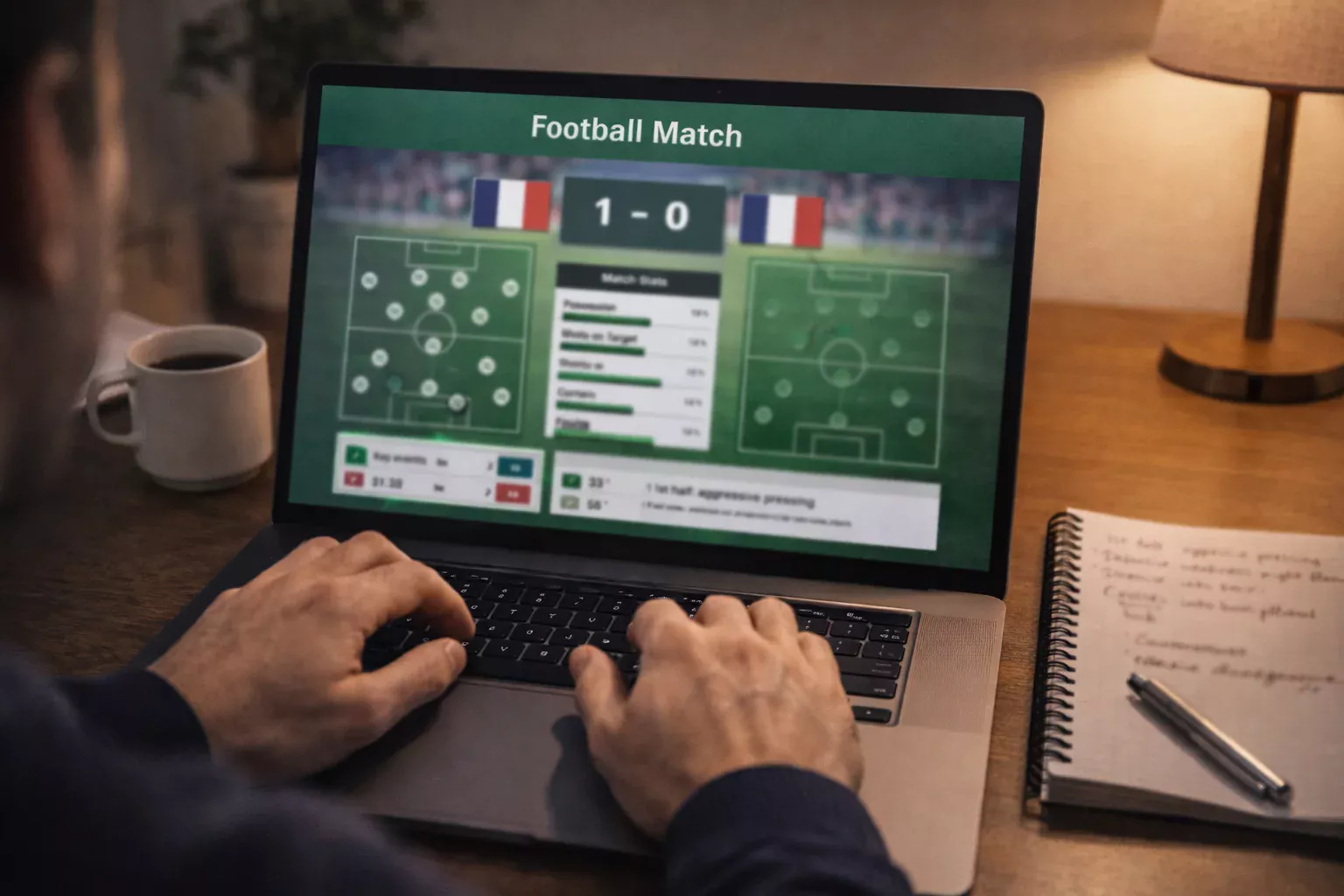 Analisi di una partita di calcio su un laptop con statistiche e formazioni