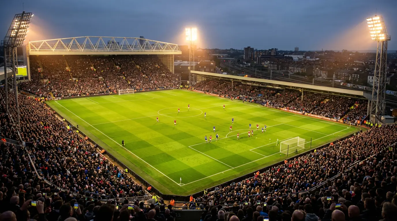Stadio di Premier League con campo verde perfetto e tribune piene sotto i riflettori