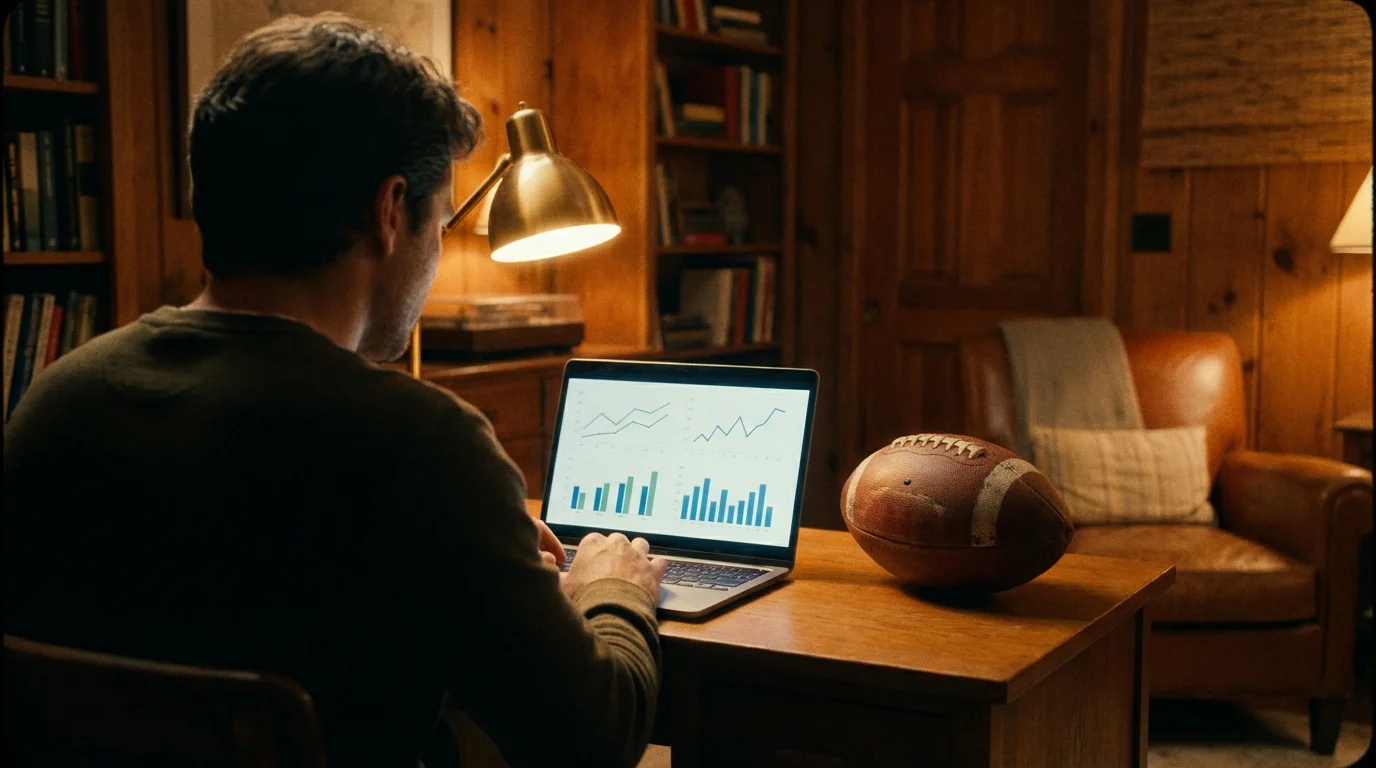 Persona che analizza dati su un laptop con grafici e un pallone da calcio sulla scrivania