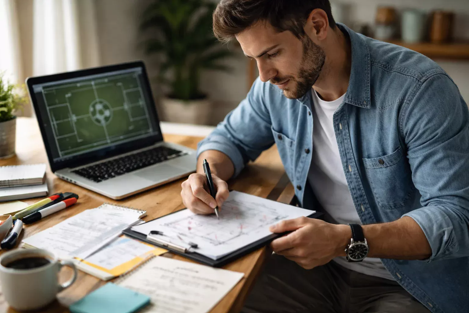 Persona che pianifica strategie di gioco con appunti e laptop