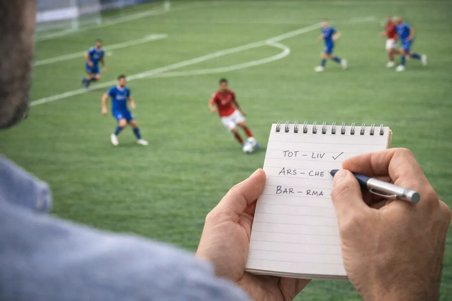 Persona che prende appunti mentre guarda partita in diretta