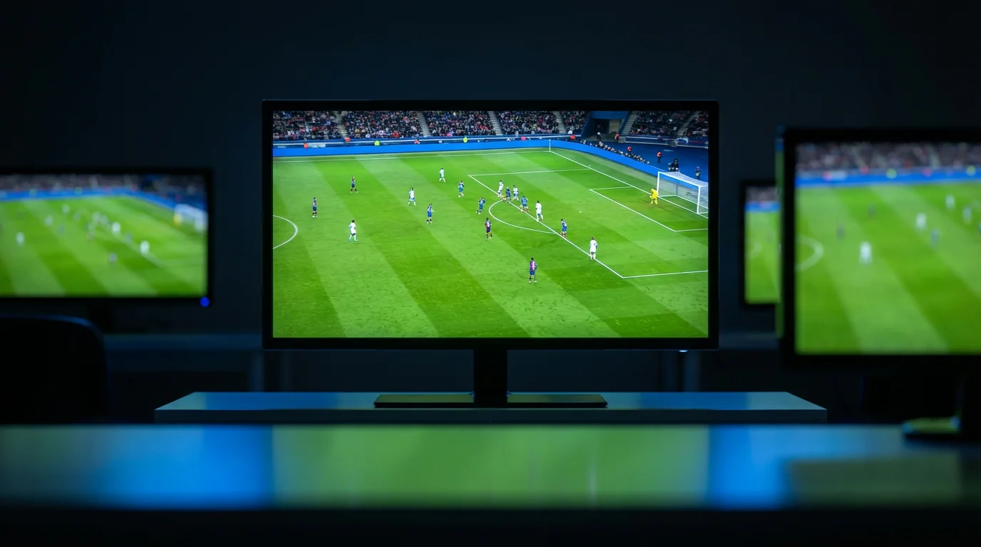 Schermo grande che trasmette una partita di calcio in uno spazio con più monitor