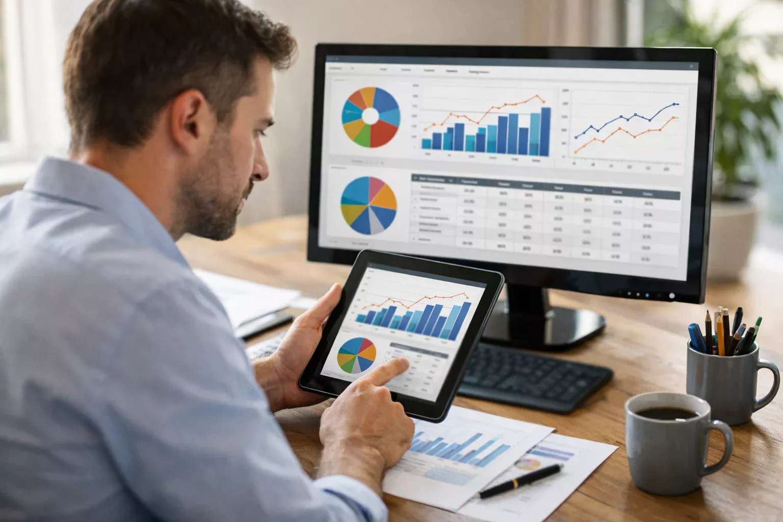 Persona che confronta dati statistici su tablet e computer